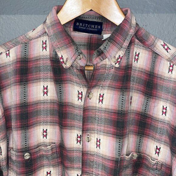 BRITCHES GREAT OUTDOORS Aztec Plaid Flannel Button Down Shirt - Made in Nepal -L - Picture 1 of 11